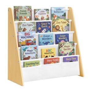 SONGMICS Kids Bookshelf. 4-Tier Sling Bookcase. Fabric Organizer for Toddlers. Child-Friendly Storage Rack for Playroom