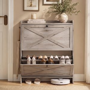 VASAGLE Shoe Storage Cabinet Organizer with 2 Flip Drawers. Freestanding Narrow Shoe Rack Cabinet for Entryway. Farmhouse Style