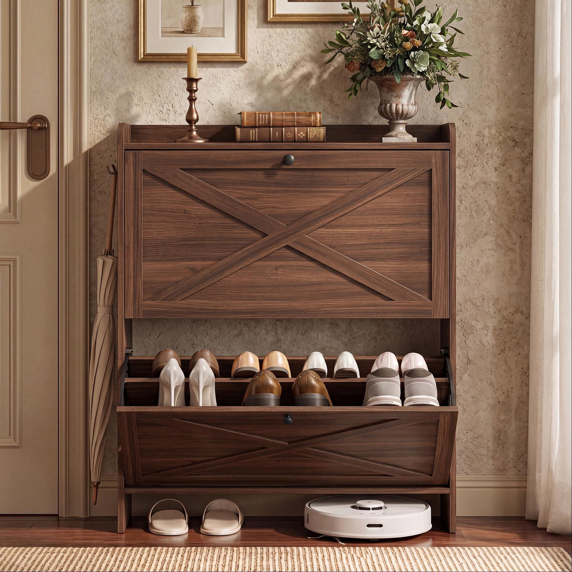 VASAGLE Shoe Storage Cabinet Organizer with 2 Flip Drawers. Freestanding Narrow Shoe Rack Cabinet for Entryway. Farmhouse Style - Image 2