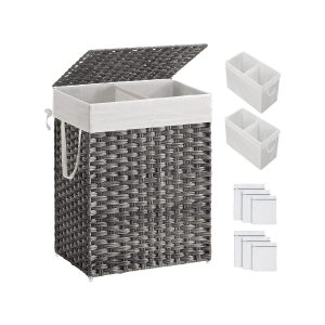 SONGMICS Laundry Hamper with Lid. 90L Clothes Hamper with 2 Removable Liner Bags. 6 Mesh Bags. Wicker Laundry Basket. Double Laundry Hamper for Bathroom. 13 x 18.1 x 23.6 Inches. Gray