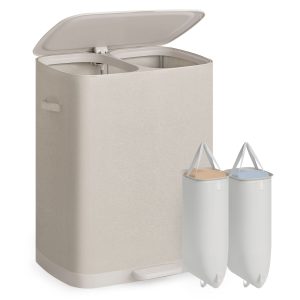SONGMICS Laundry Basket with Lid. 42.2 Gallons. 2-Compartment Laundry Hamper with Handle and Pedal. Removable Liner. Easy Assembly. 22 x 18.5 x 29.5 Inches