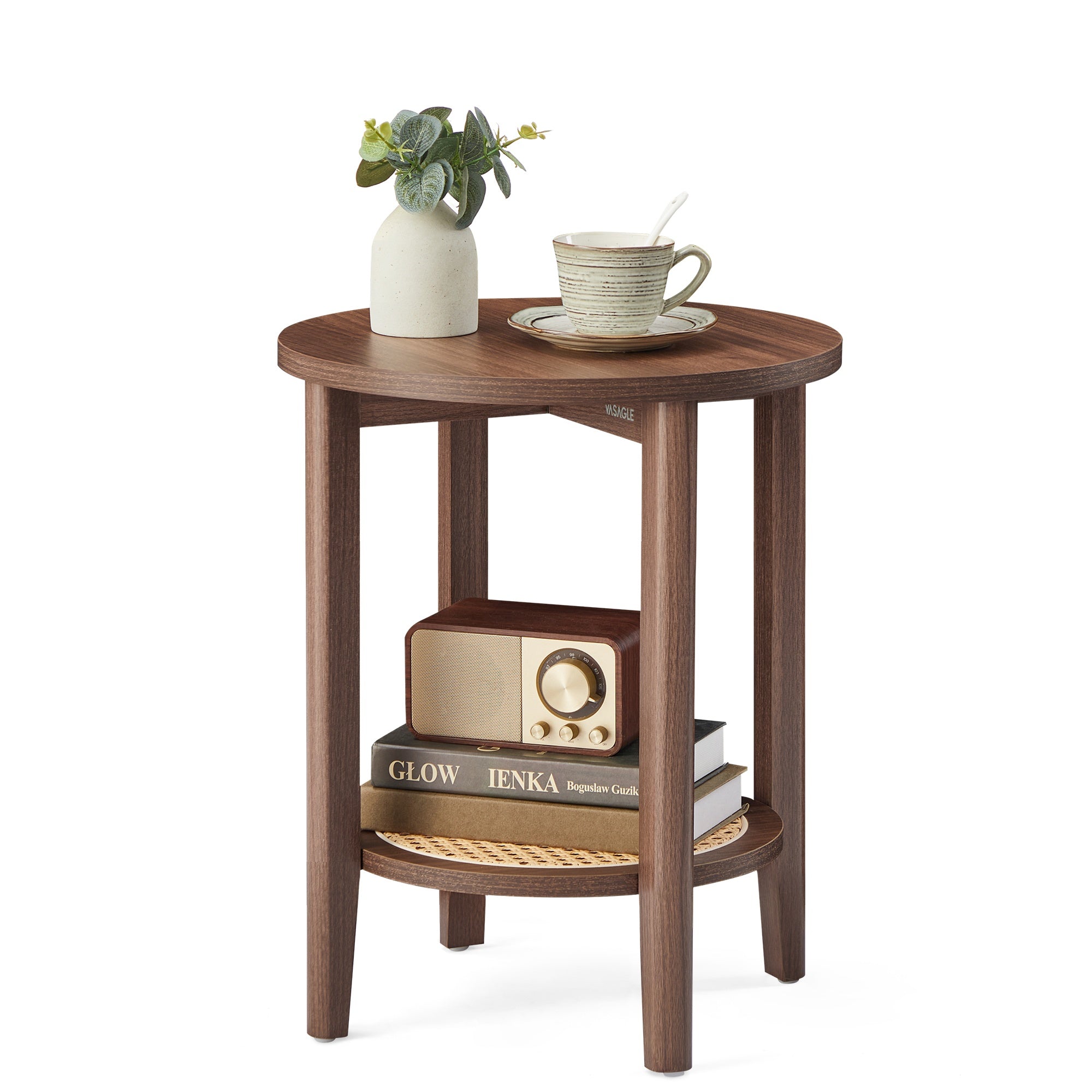 Round Side End Table. 2-Tier Boho Bedside Table with Rattan-Look Storage Shelf
