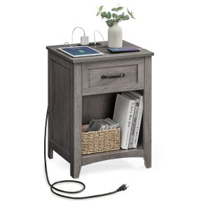 VASAGLE Farmhouse Nightstands with Charging Station. Set of 2. Bedside Tables with Drawer