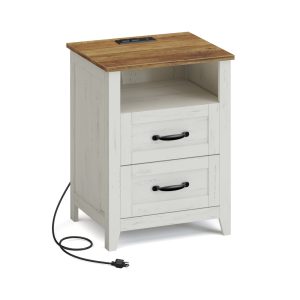 Liry Collection - Farmhouse nightstand with charging station drawers and open shelf