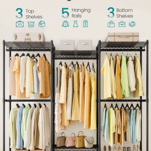 SONGMICS Heavy-Duty Clothes Rack. Garment Rack. Portable Closet. 68.7-Inch Wide Clothing Rack with Adjustable Mesh Shelves and Hanging Rails. Ink Black