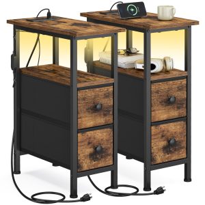 SONGMICS Side Table with LED Light. Narrow End Table with 2 Drawers. Nightstand with Charging Station. Bedside Tables for Small Space. Living Room