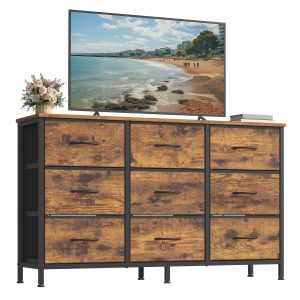 SONGMICS Dresser with 9 Fabric Drawers. TV Stand for TVs Up to 55 Inches | Wide Dresser. Chest of Drawers for Bedroom and Living Room