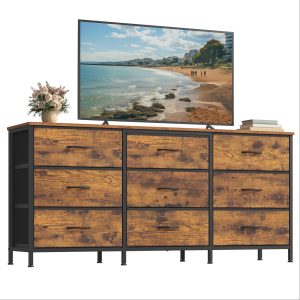 SONGMICS Dresser with 9 Fabric Drawers. TV Stand for TVs Up to 65 Inches | Wide Dresser. Chest of Drawers for Bedroom and Living Room