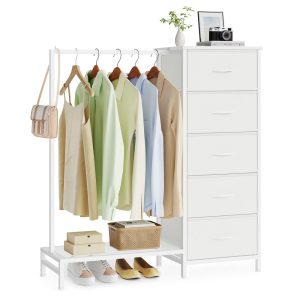 3-in-1 Dresser with Garment Rack 5 Fabric Drawers & Bottom Shelf