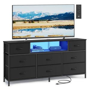 SONGMICS Dresser for Bedroom with Outlets & LED Lights. 8 Fabric Drawers. 13.8D x 57.8W x 26.8H (8 Drawers)