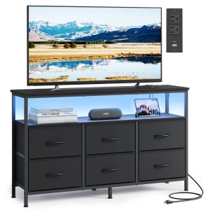 SONGMICS Dresser for Bedroom. Wide Dresser with 6 Drawers & Open Shelf. 11.8D x 44.8W x 26.8H (6 Drawers)