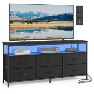 SONGMICS Dresser for Bedroom. Wide Dresser with 6 Drawers & Open Shelf. 13.8D x 57.8W x 26.8H (6 Drawers)