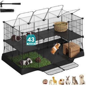 SONGMICS Pet Playpen. 2-Tier Steel Pen with Roof | Indoor Dog Fence. 47.2 x 23.6 x 23.6 Inches. Waterproof Mat. 2 Doors