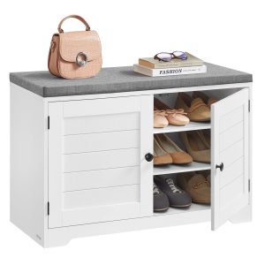 Shoe storage bench with cushioned seat. doors and adjustable shelves