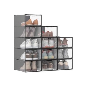 SONGMICS Stackable Shoe Boxes. Set of 12 Plastic Shoe Organizers with Door