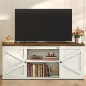 VASAGLE Farmhouse TV Stand for TVs up to 65 Inches. Entertainment Center with Storage Cabinets and Sliding Barn Doors