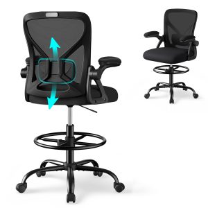 SONGMICS Drafting Chair. Ergonomic Tall Office Chair for Standing Desk | Mesh Back. Adjustable Footring. Lumbar Support. Flip-Up Armrests