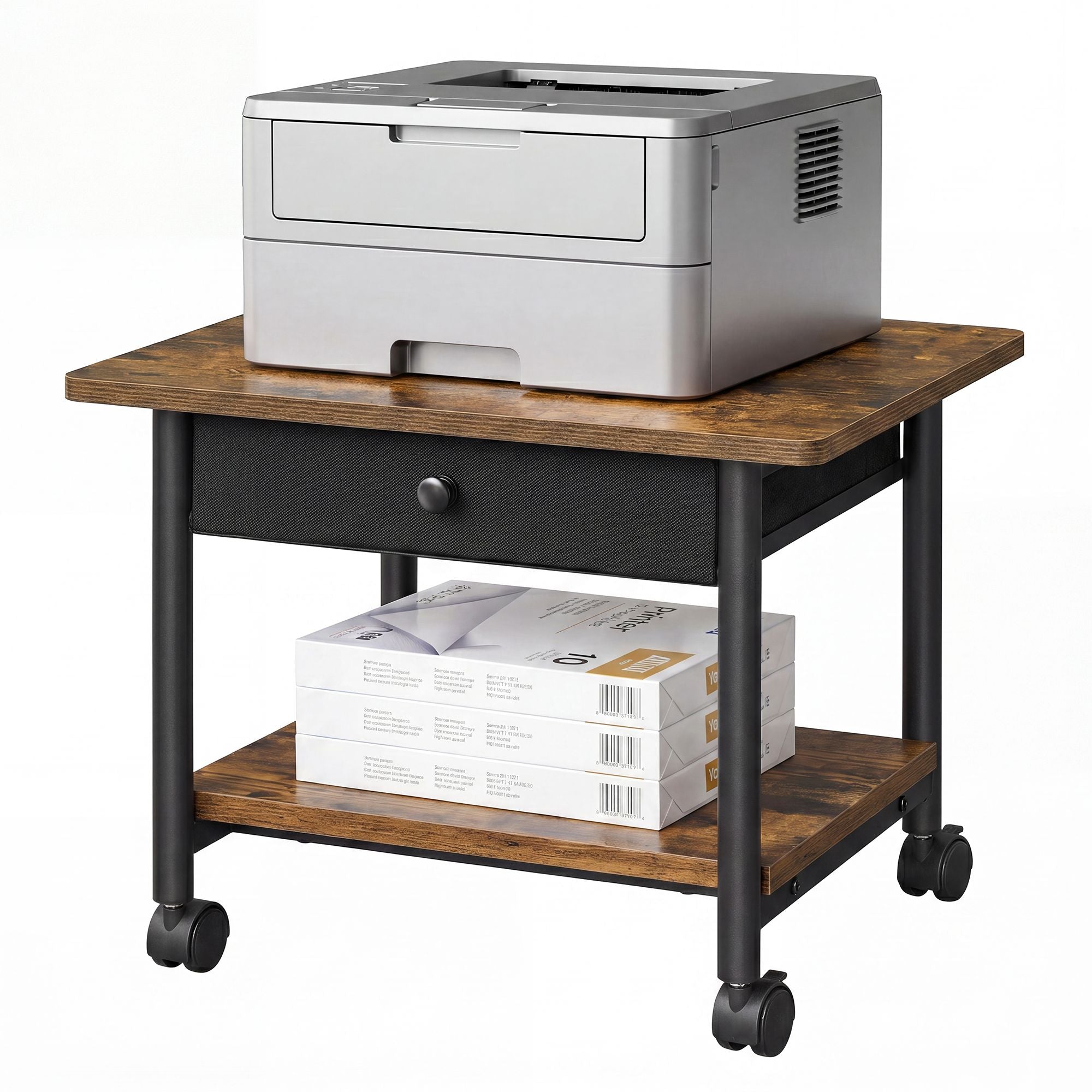 SONGMICS HOME 2-Tier Printer Stand. Locking Wheels. Drawer. Printer Table | Industrial Under Desk Mobile Cart for Home Office. Storage Shelf. - Image 2