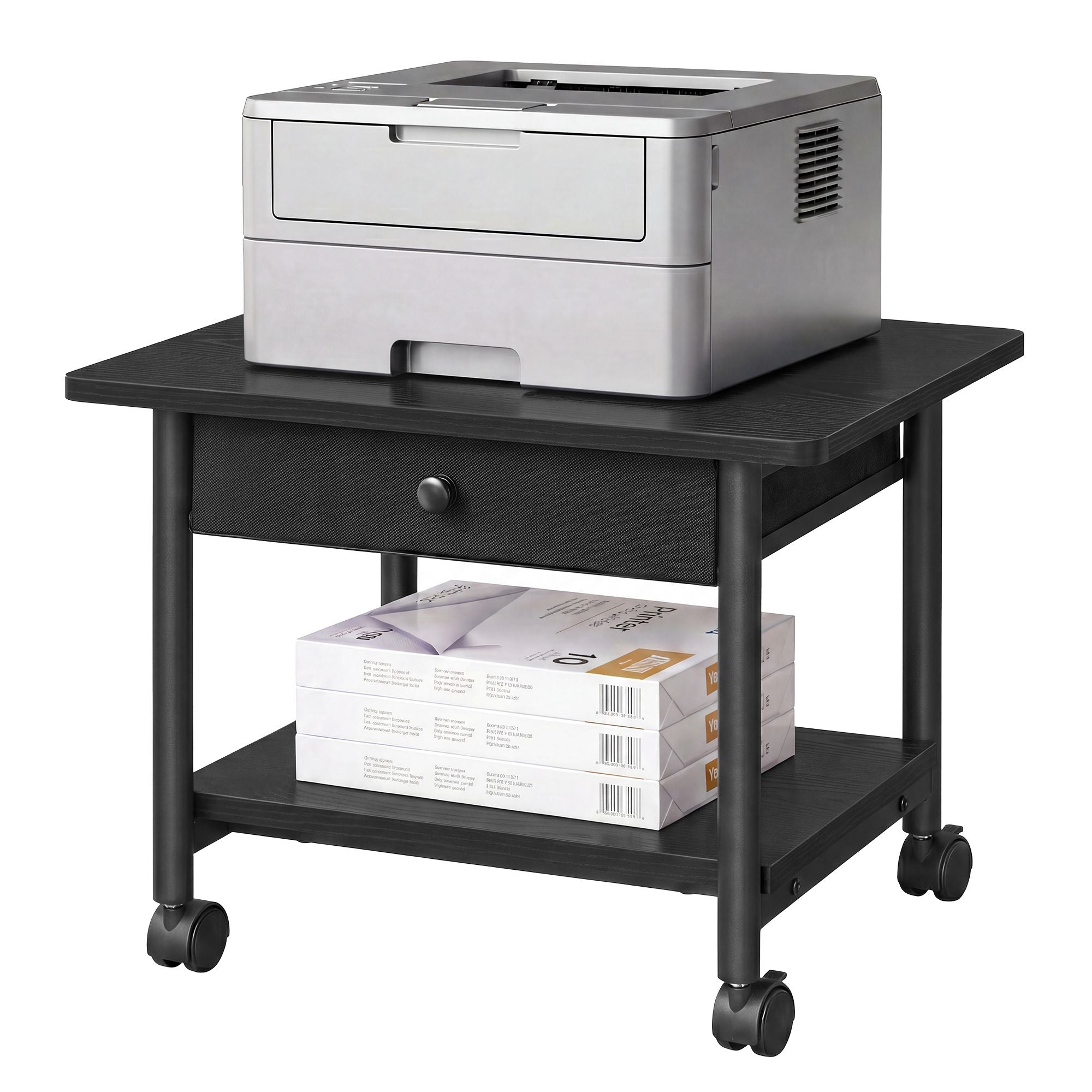 SONGMICS HOME 2-Tier Printer Stand. Locking Wheels. Drawer. Printer Table | Industrial Under Desk Mobile Cart for Home Office. Storage Shelf.