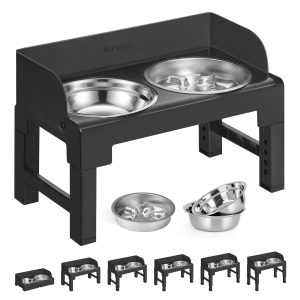 Feandrea Dog Bowls Elevated. Adjustable Height. Tilted Design | Raised Stand. 1 Slow Feeder. Two 304 Stainless Steel Bowls.