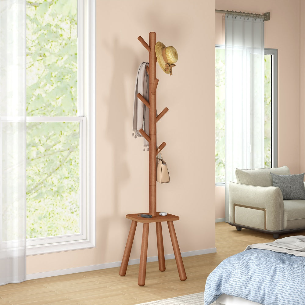 Tall freestanding coat rack with hooks and shelf for entryway