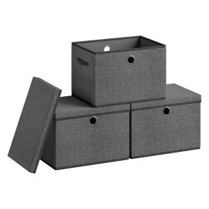 SONGMICS Storage Bins with Lids. 3 Pack Stackable Fabric Storage Boxes. Odorless PP Sheets. Foldable Cube Baskets Organizers with Handles