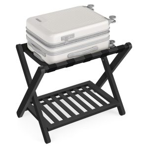 Solid Wood Luggage Rack. No Assembly Required. Foldable Suitcase Stand. Luggage Holder