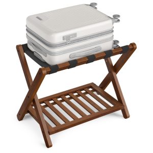 SONGMICS Solid Wood Luggage Rack. No Assembly Required. Foldable Suitcase Stand