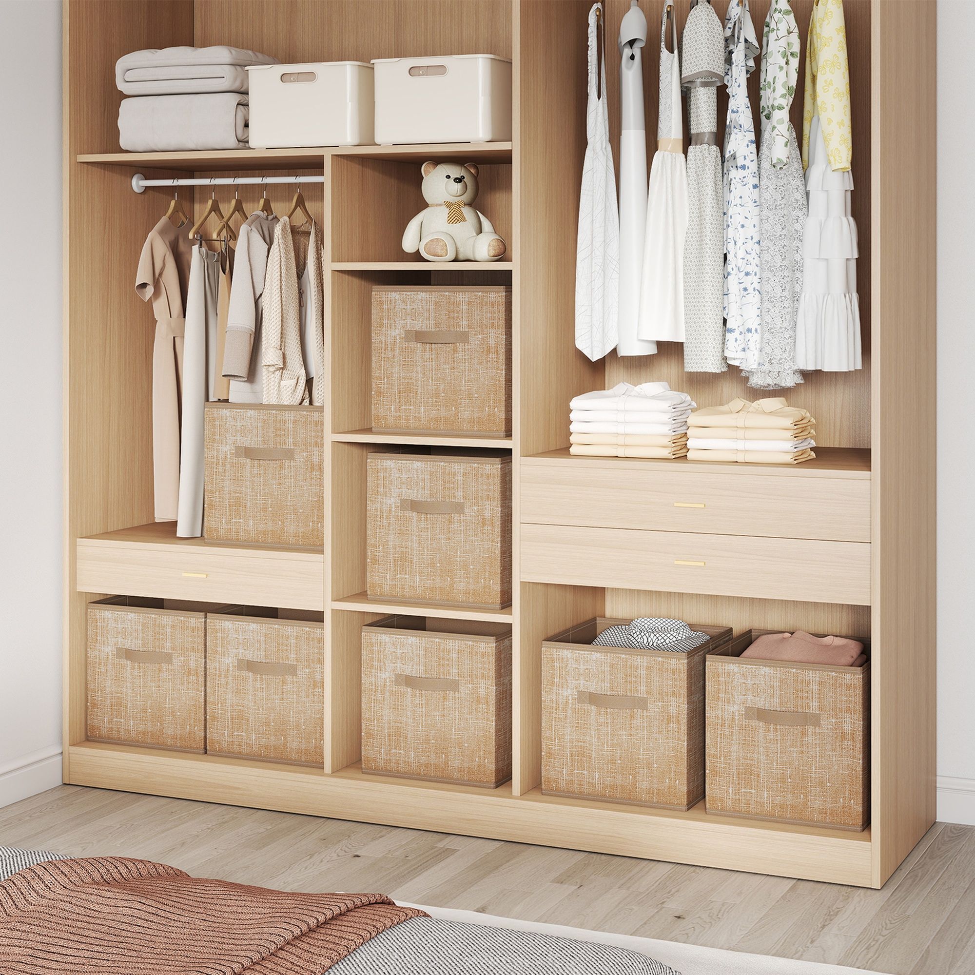 SONGMICS Storage Cubes. 13 x 13 x 13 Inches Non-Woven Fabric Bins with Double Handles. Set of 8. Closet Organizers for Shelves. Foldable. for Clothes. Sand Beige UROB833K03