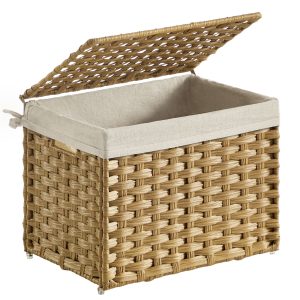 SONGMICS Storage Basket with Lid. Woven Blanket Storage Bin with Handles. 9.2 Gallons (35 L). Natural