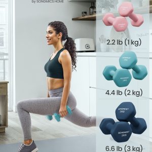 SONGMICS Hex Dumbbells Set with Stand - 2 x 1 kg. 2 x 2 kg. 2 x 3 kg. Neoprene Matte Finish. Hand Weights for Home Exercise. Pink. Aqua. and Blue