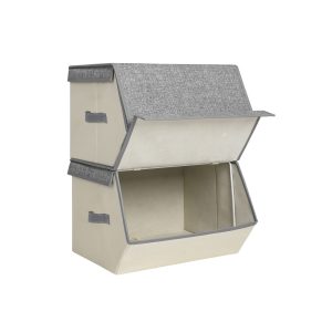 SONGMICS HOME Stackable Storage Bins. Fabric Storage Boxes with Lids. Stackable Storage Cubes with Magnetic Closures. a Semi-Open Front. Lid Can Stay Open after Stacked up. Set of 2. Gray