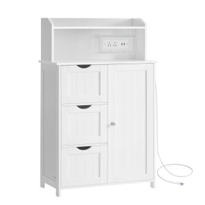 Freestanding storage cabinet with power outlet for bathroom