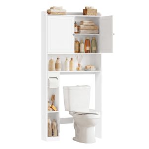 Bathroom storage shelf with paper holder over toilet