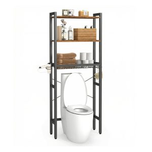 Bathroom organizer with adjustable shelves. basket and hooks over toilet