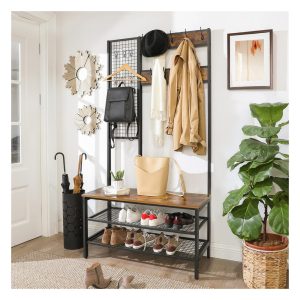 Industrial Coat Rack Shoe Bench with Grid Wall