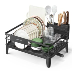 Dish drying rack with drainboard and rotatable spout