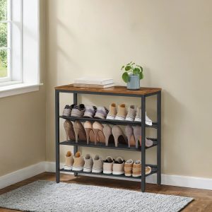 Four tier shoe storage rack with adjustable mesh shelves