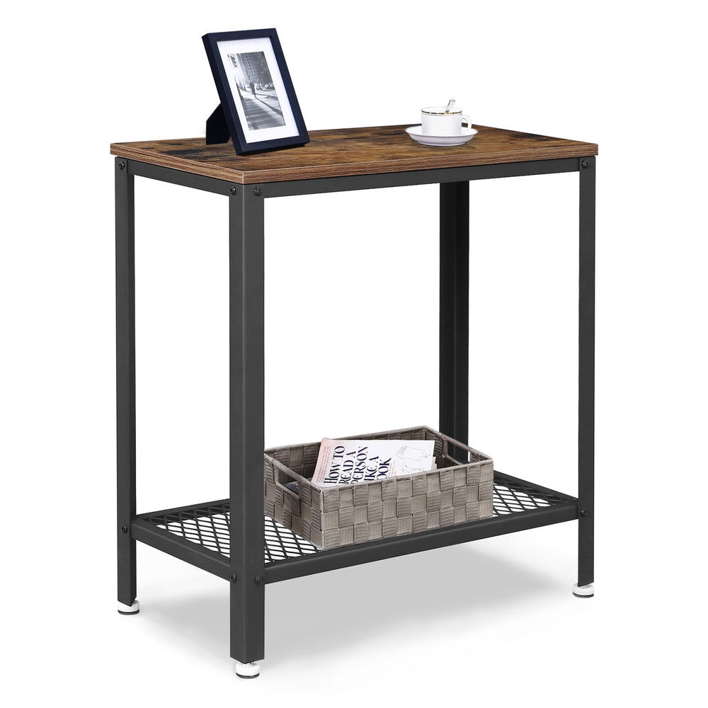 Industrial Rustic Brown Side Table with Mesh Shelf