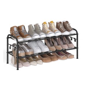 Wide Metal Shoe Rack with Hooks
