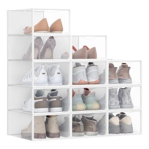 SONGMICS Stackable Shoe Boxes. Set of 12 Plastic Shoe Organizers with Door