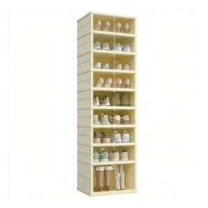 SONGMICS Foldble Shoe Storage Organizer for Closet. Stackable Sneaker Cabinet with Magnetic Door