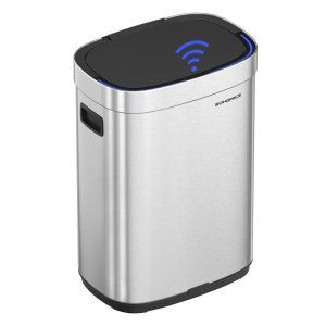 Kitchen Trash Can. 17.2-Gallon (65 L) Motion Sensor Garbage Can. Stainless Steel Trash Bin. Ozone Odor Control. Stay-Open. Metallic Silver