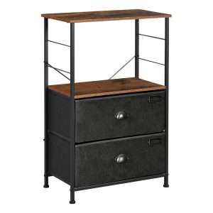 SONGMICS Nightstand. Industrial Bedside Table with 2 Fabric Drawers. Storage Shelves. Vertical Dresser Storage Tower with Wooden Top. Metal Frame. Labels. Rustic Brown and Black ULVT03H