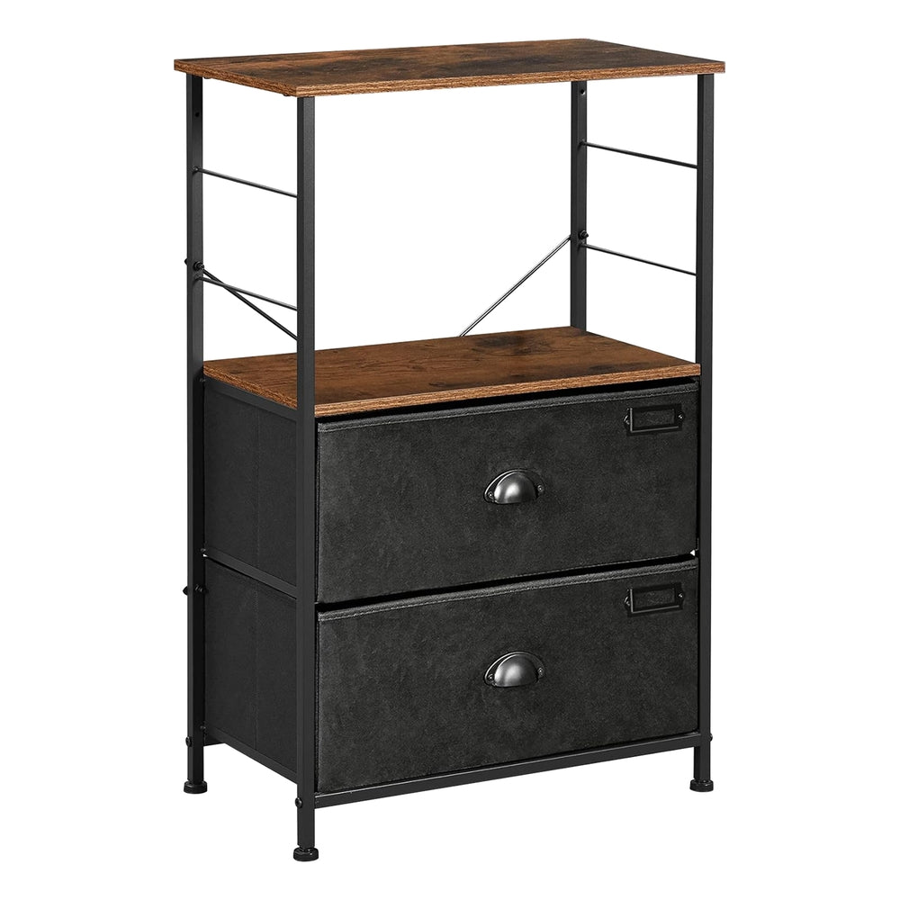 SONGMICS Nightstand. Industrial Bedside Table with 2 Fabric Drawers. Storage Shelves. Vertical Dresser Storage Tower with Wooden Top. Metal Frame. Labels. Rustic Brown and Black ULVT03H
