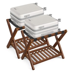 Solid Wood Luggage Racks. Set of 2. No Assembly Required. Foldable Suitcase Stand. Luggage Holder. with Storage Shelf. for Guest Room. Hotel. Bedroom. Coffee Brown
