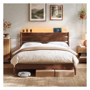 Mid-Century Modern Bed Frame with LED Headboard & Charging Station