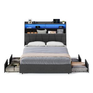 Bed Frame Queen Size with LED Lights. Charging Station
